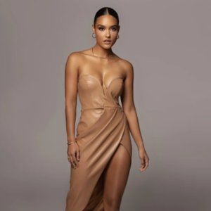 New! JLUXLABEL Strapless Faux Leather Dress, TAN/SMALL